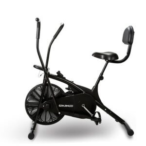 High-quality black exercise bike with adjustable seat and handlebars, ideal for home gym workouts, fitness training, and cardio exercise. Durable construction perfect for all fitness levels.