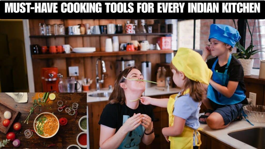 Fresh vegetables and spices for Indian cooking, arranged on a rustic wooden table.