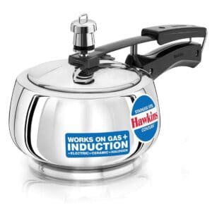 Stainless steel Hawkins Contura pressure cooker, compatible with gas and induction stoves, suitable for electric, ceramic, and halogen cooktops, modern and durable cookware for your kitchen needs.