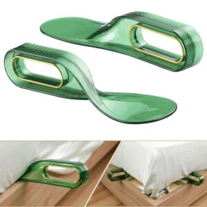 Green plastic bed rail protectors for child safety and bed edge cushioning.