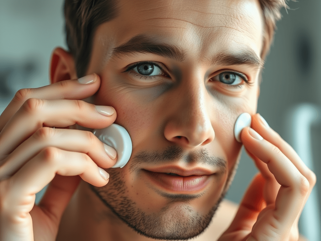 Close Up Portrait Of A Handsome Man Applying Facial Moisturizer Smooth